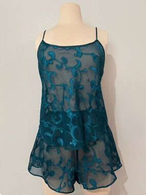 Sheer Teal Embroidered Cami Top
